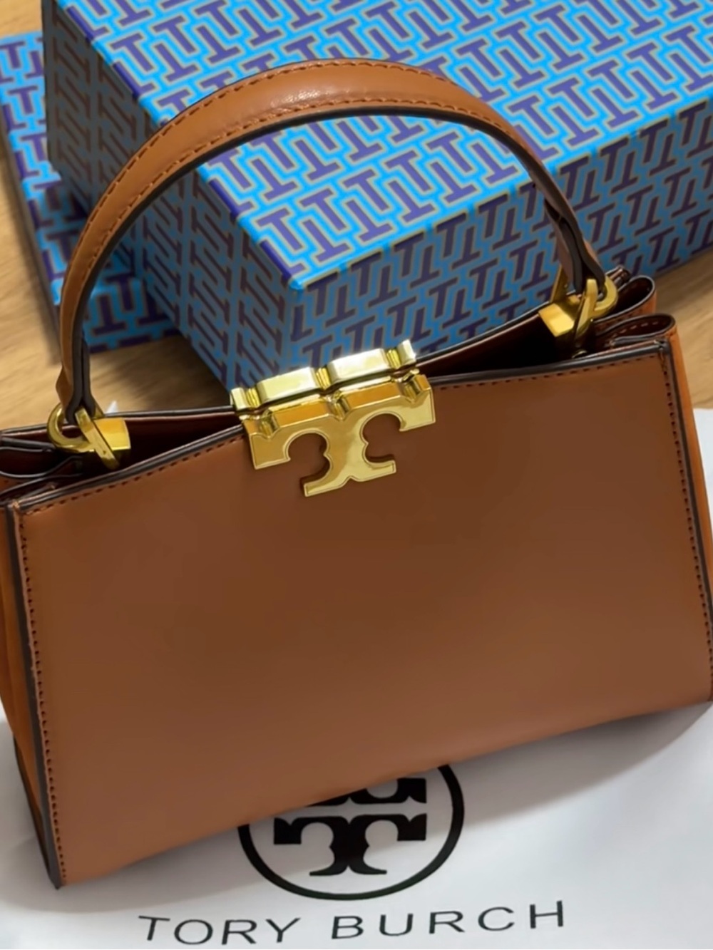 $Tory Burch Saddle Brown Leather Top-Handle Satchel with Gold Hardware